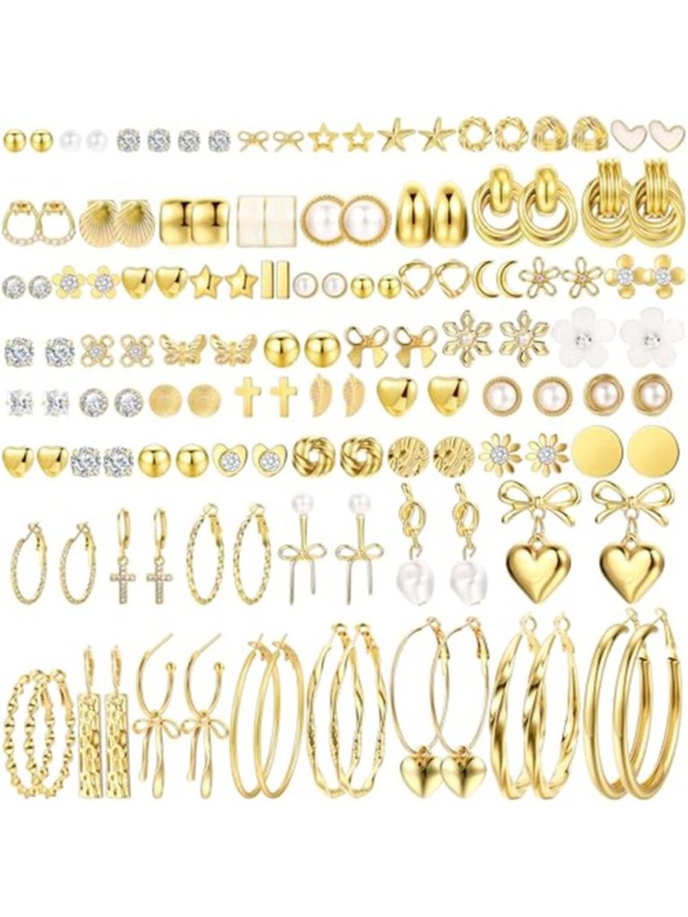 75 Pairs Gold Stud Earrings Set for Women, Trendy Hypoallergenic Pearl Cubic - Picture 1 of 7
